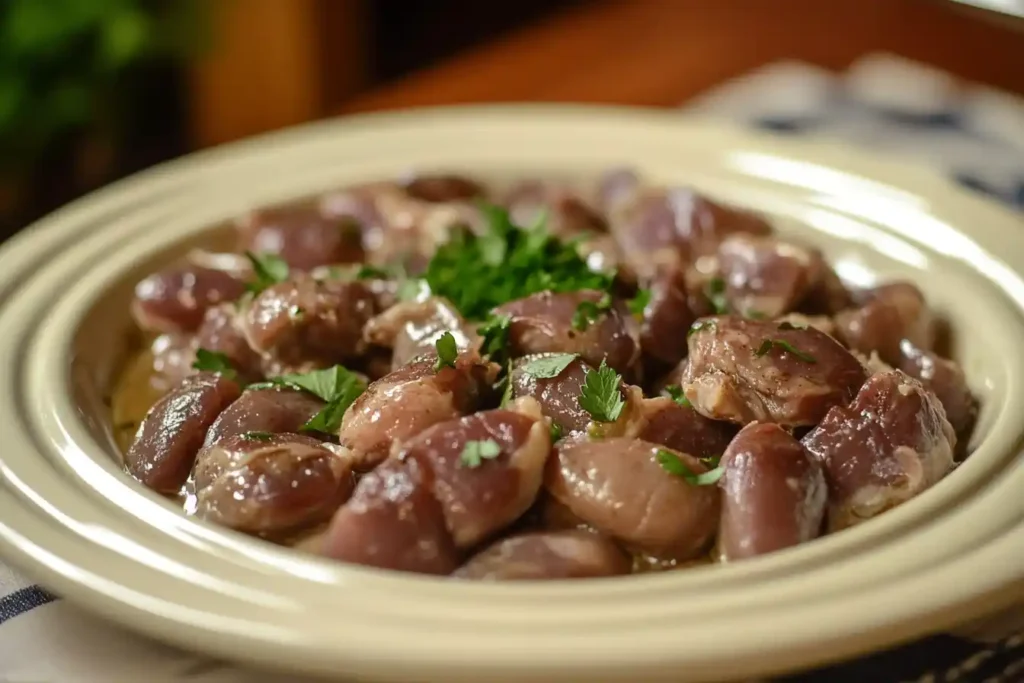 Cooked chicken hearts garnished with fresh parsley on a white plate.