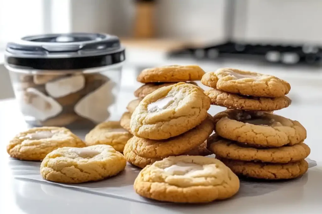 Stacks of golden brown cookies with a creamy white center displayed on a white surface, accompanied by a transparent container filled with more cookies in the background.