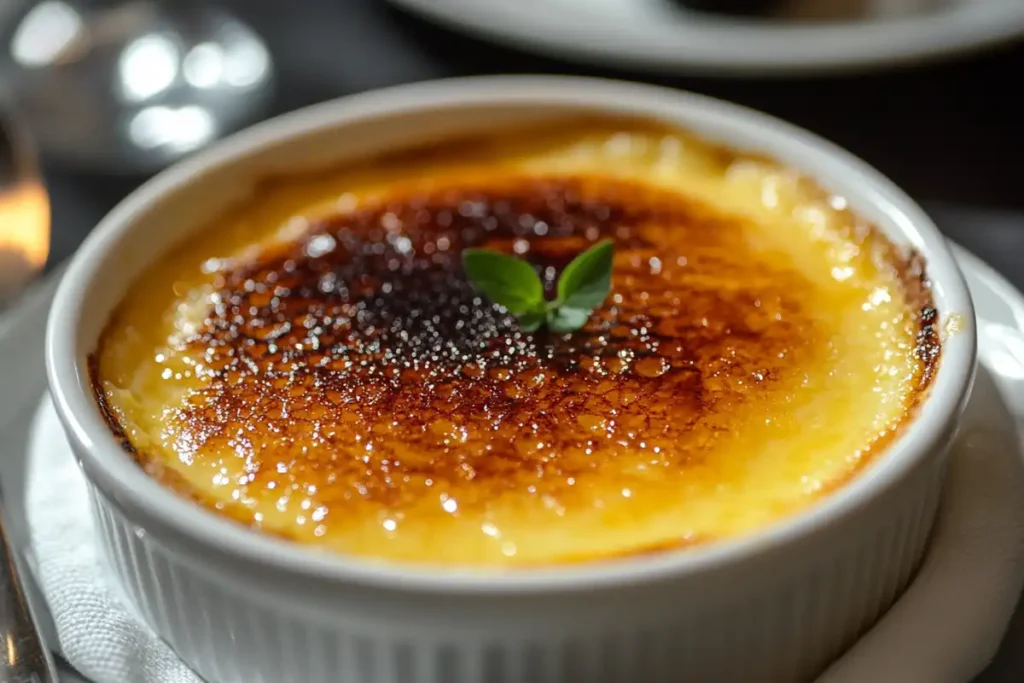  A perfectly caramelized crème brûlée in a white ramekin, garnished with a small green mint leaf.