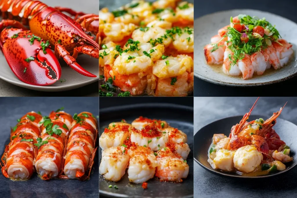 "A collage of delicious langostino and lobster dishes, featuring grilled, sautéed, and gourmet preparations, highlighting their textures, vibrant colors, and culinary versatility."






