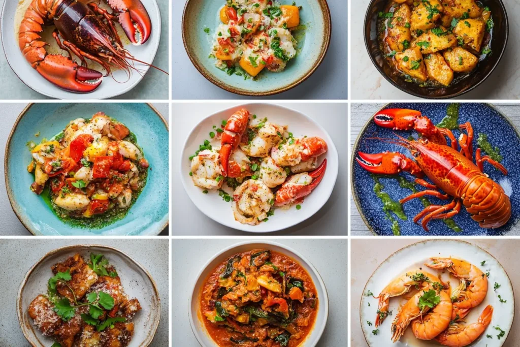 "A collage of vibrant langostino and lobster dishes, including grilled, sautéed, and baked preparations served with colorful accompaniments, highlighting their versatility and appeal."