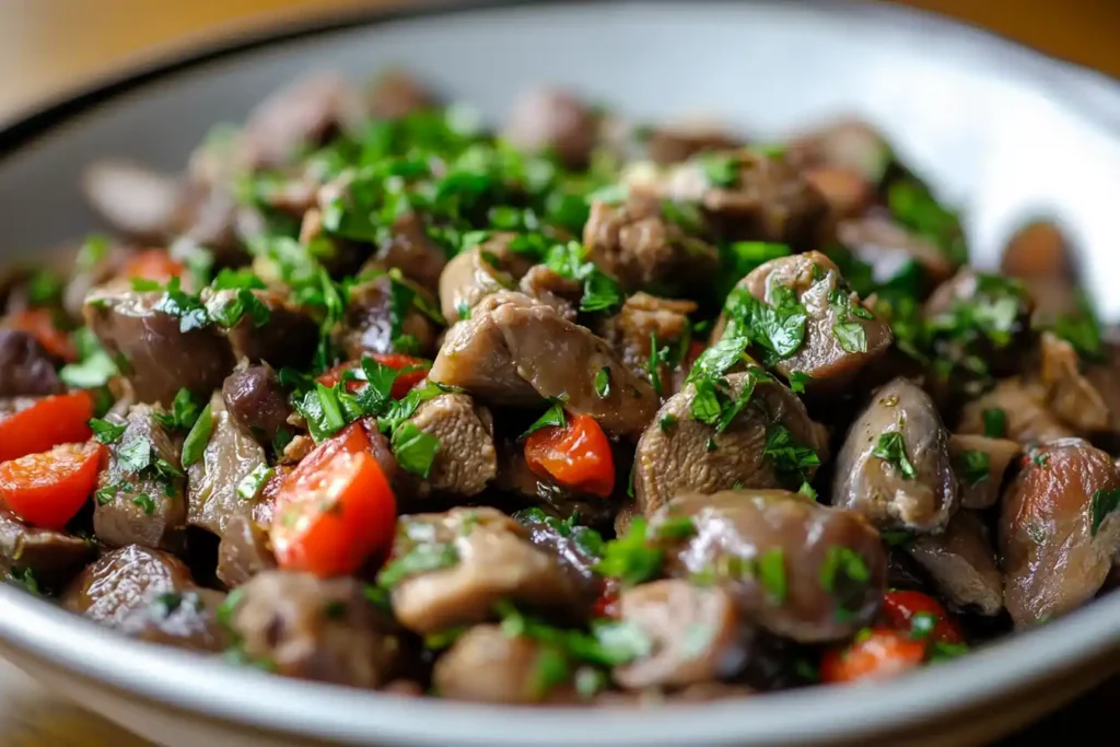 Close-up of a dish featuring cooked chicken gizzards mixed with fresh herbs and cherry tomatoes in a white bowl.