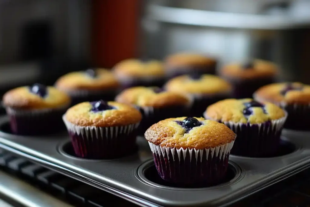 A close-up view of freshly baked blueberry muffins in a muffin tray, showcasing their golden tops and vibrant blueberry centers.