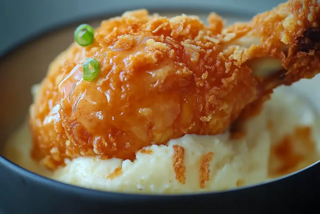 Fried chicken drumstick with sauce on a scoop of vanilla ice cream.