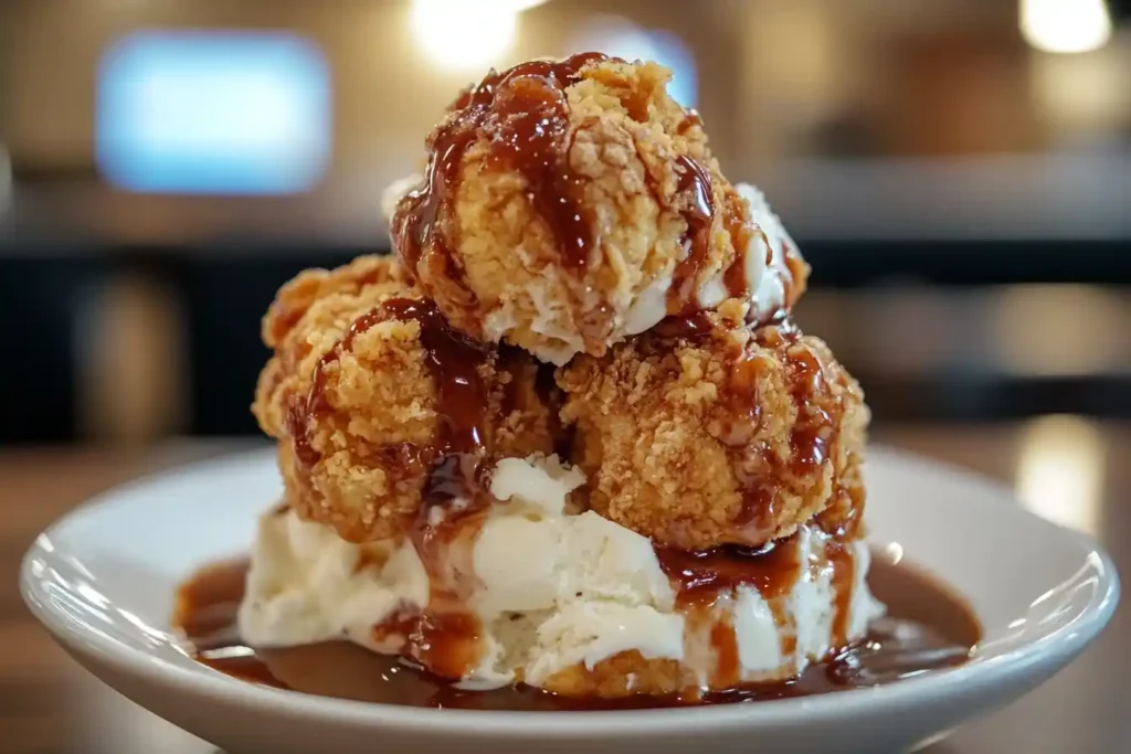 Fried chicken balls topped with chocolate sauce over vanilla ice cream.