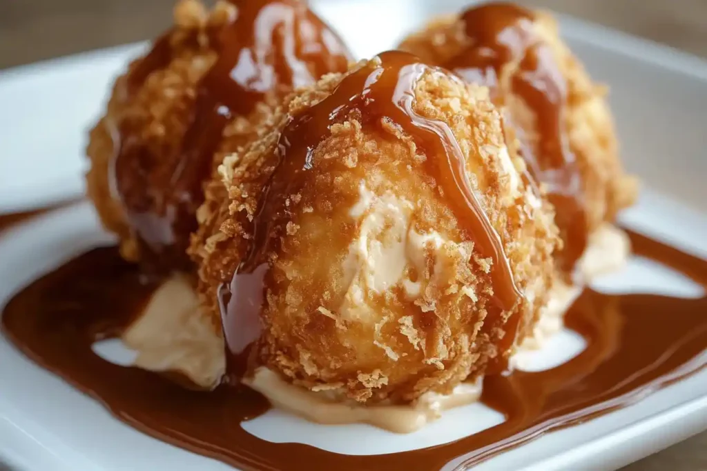 Fried ice cream drizzled with caramel sauce.