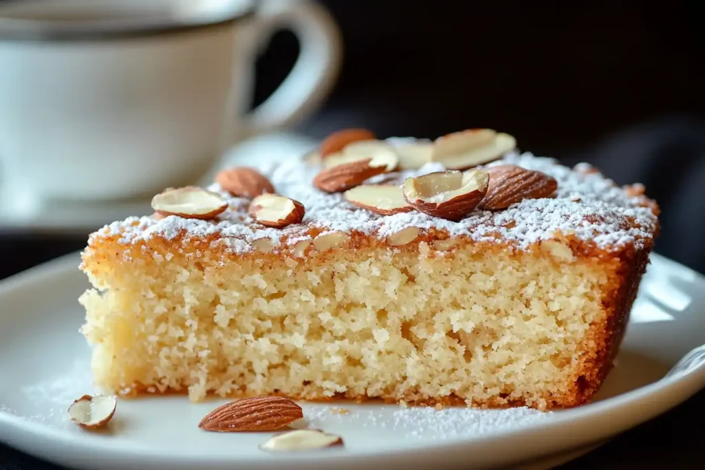  A slice of almond cake dusted with powdered sugar and topped with sliced almonds, served on a white plate with a cup of coffee in the background.