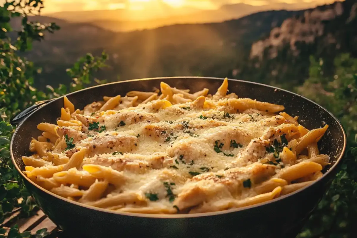 A skillet of garlic parmesan pasta with tender grilled chicken strips, garnished with parsley and parmesan cheese.