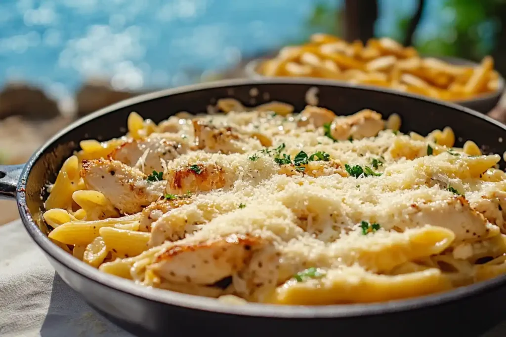 A skillet of creamy garlic parmesan pasta topped with grilled chicken and fresh parsley, served outdoors with a scenic backdrop.