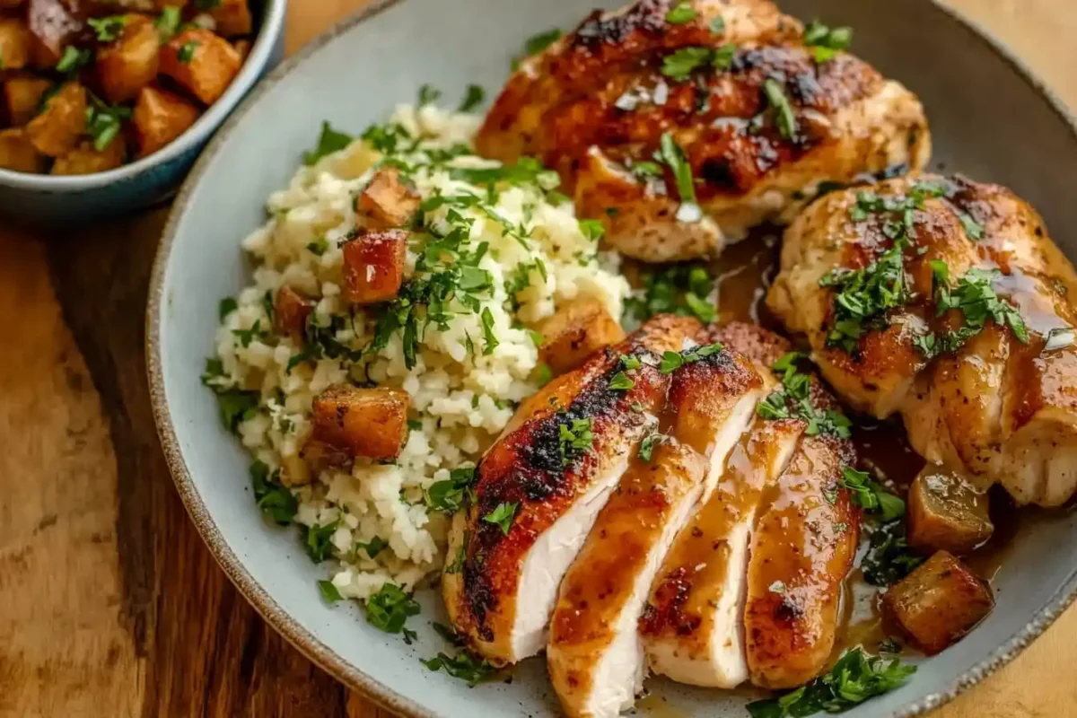 A plate of perfectly seared chicken breasts garnished with fresh herbs, served alongside herb-infused rice and roasted vegetables.