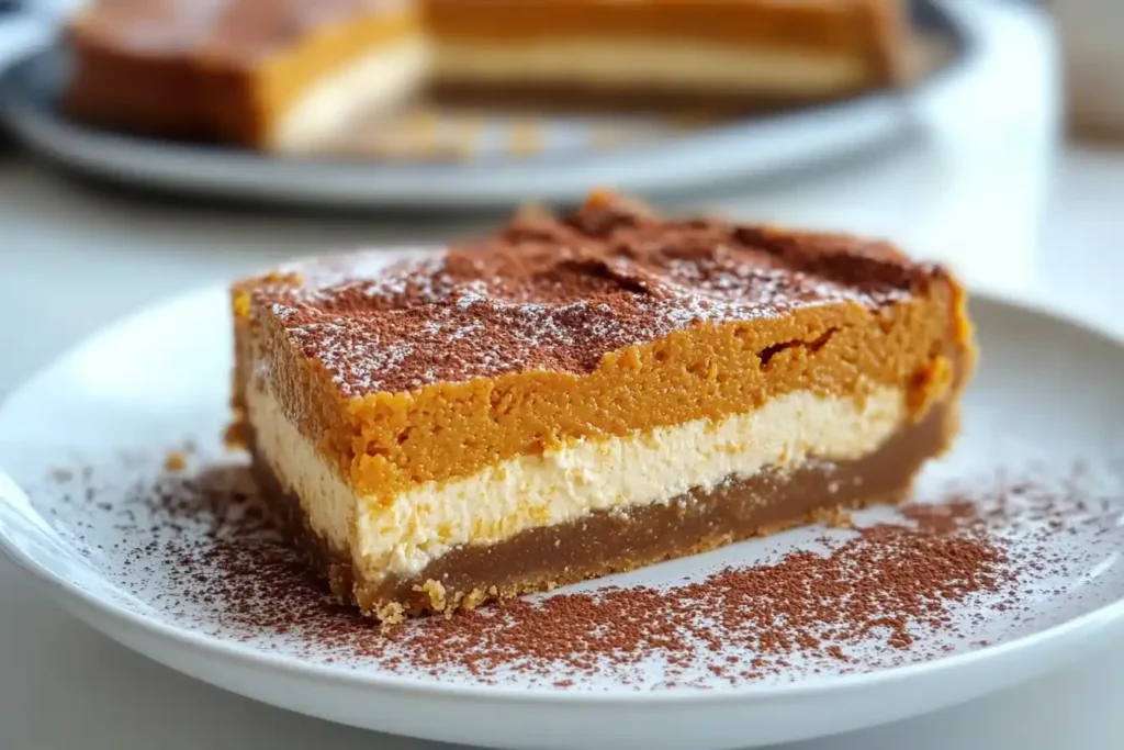 A slice of layered pumpkin cheesecake with a spiced crust and a creamy middle layer, dusted with cocoa powder.