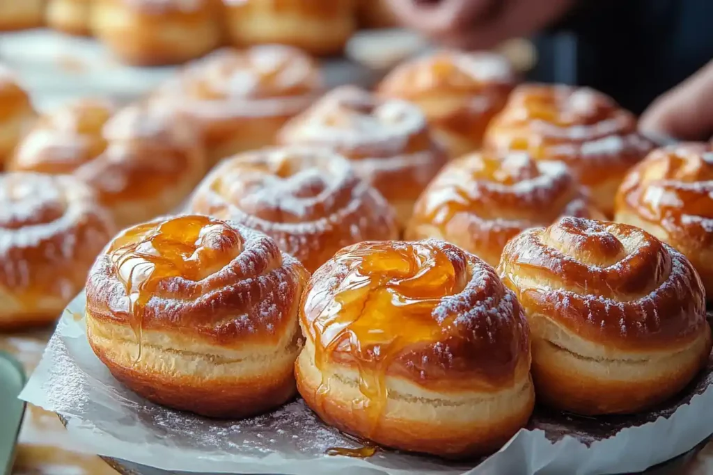 Rows of glossy honey buns drizzled with syrup and lightly dusted with powdered sugar.