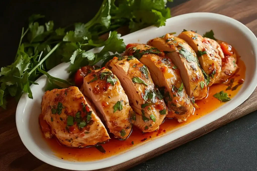 "Sliced marinated chicken breast served on a white plate, topped with fresh parsley and surrounded by a flavorful sauce."