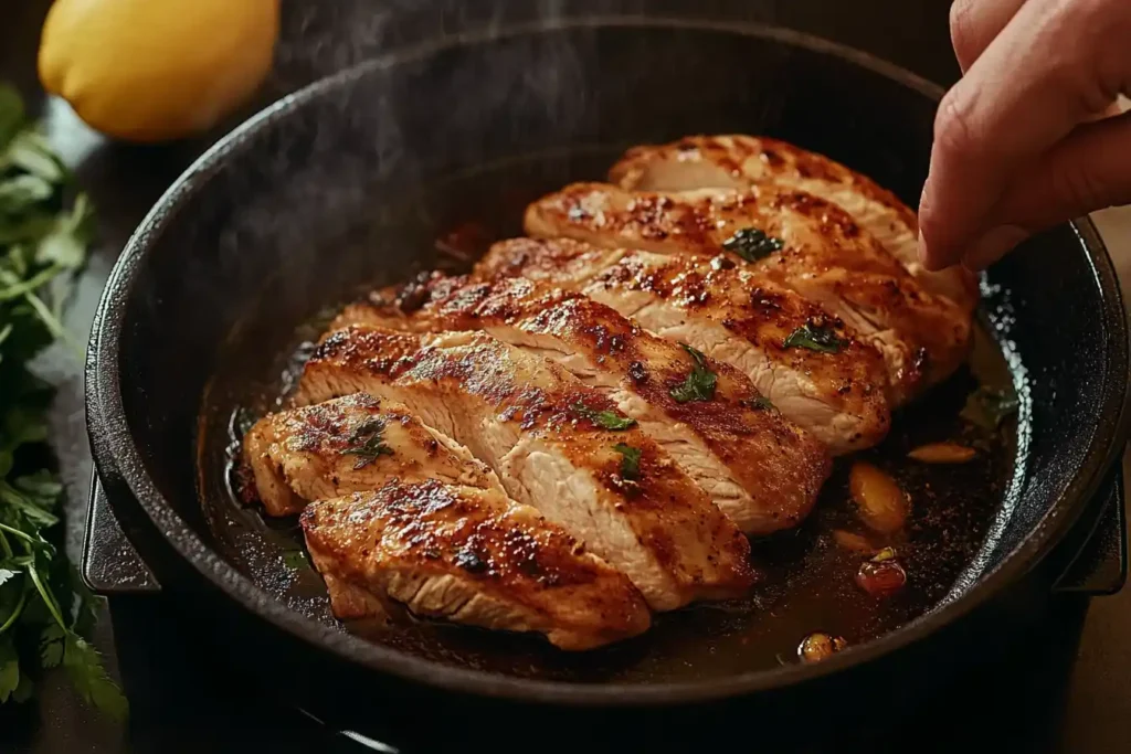 "Golden brown marinated chicken breast slices in a cast iron skillet, garnished with fresh herbs and surrounded by steam."