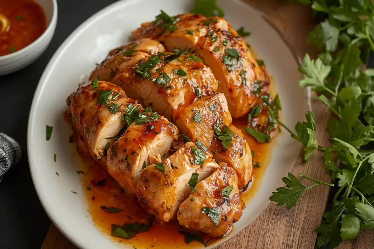 "Sliced marinated chicken breast garnished with fresh herbs on a white plate, surrounded by fresh parsley leaves."