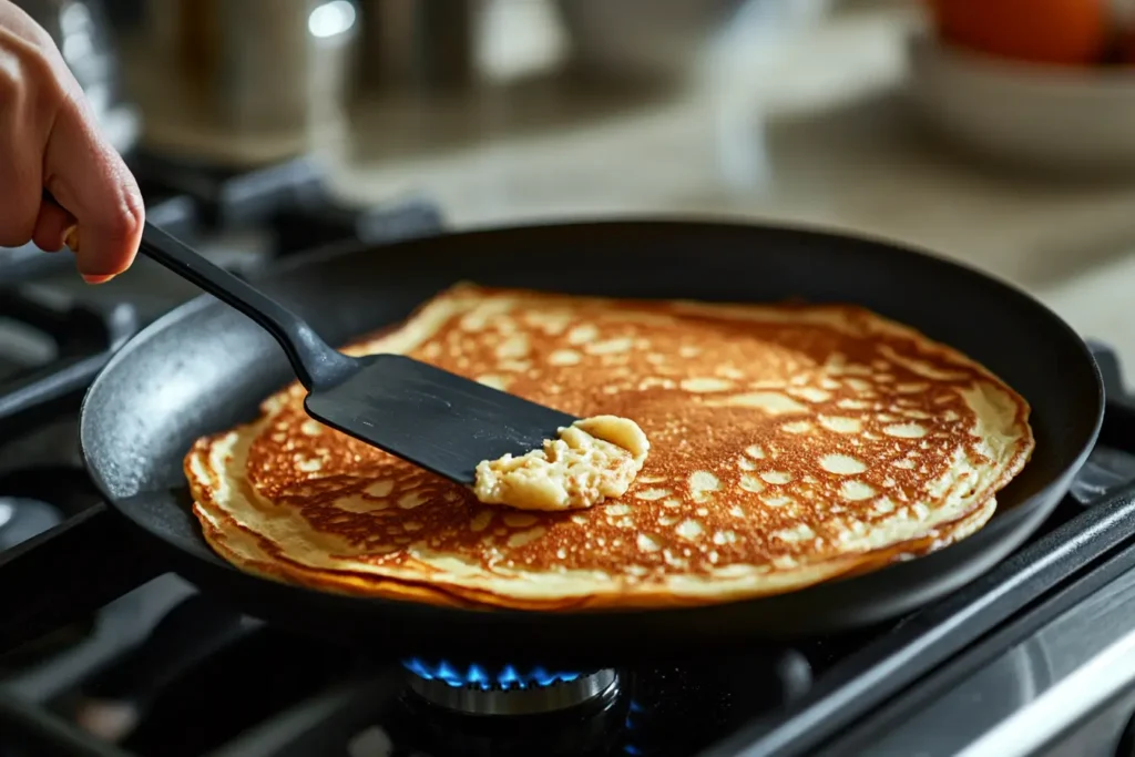 A close-up of a golden-brown pancake being cooked in a frying pan, with a spatula spreading a dollop of butter on top.