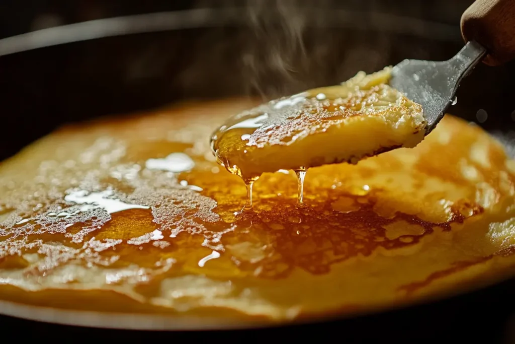 A steaming pancake slice lifted with a spatula, dripping golden syrup onto the pancake below.