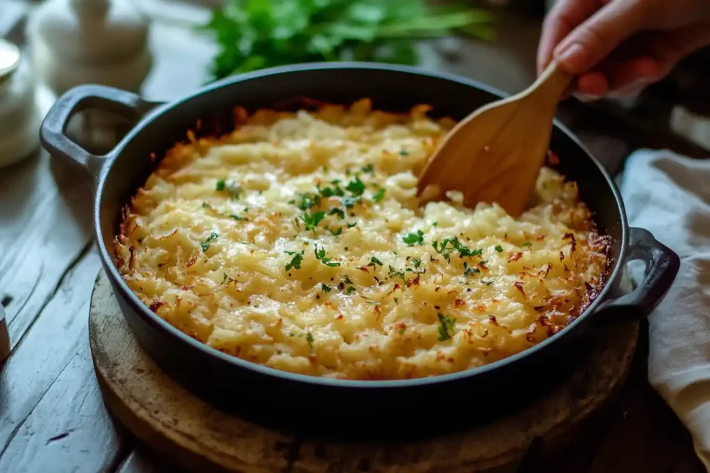 A golden-brown hash brown casserole garnished with fresh parsley, served in a black cast-iron skillet with a wooden spoon.