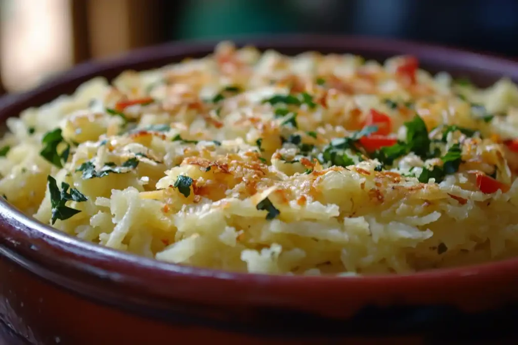 Close-up of a colorful hash brown casserole garnished with fresh parsley and red peppers, served in a rustic brown dish.