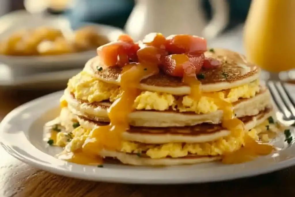 Pancakes layered with scrambled eggs, topped with diced tomatoes and syrup.