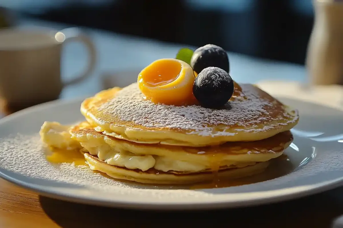 Stack of pancakes topped with blueberries, a dollop of custard, and powdered sugar.