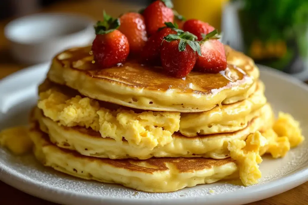  Pancakes layered with scrambled eggs and topped with strawberries.