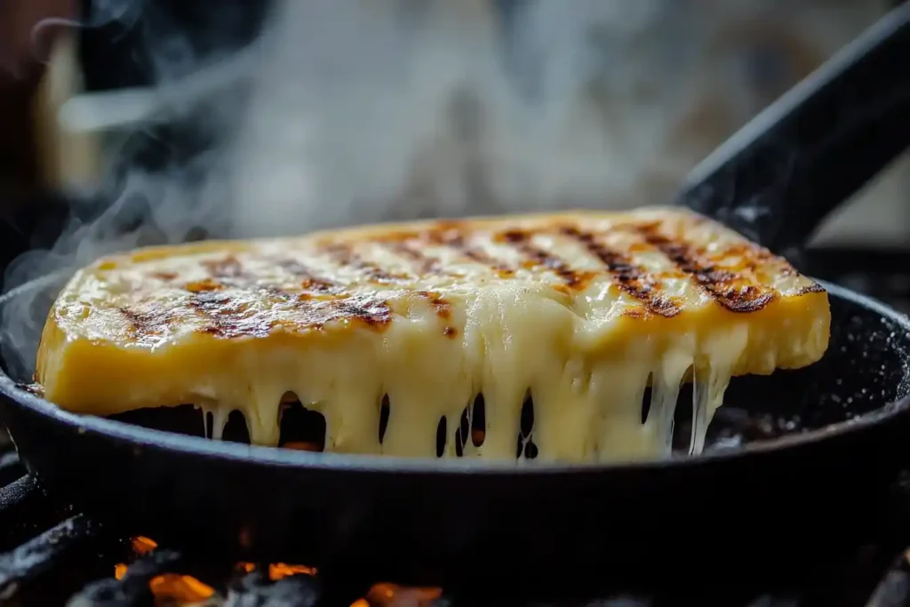 Melted cheese slice with grill marks dripping over a hot skillet, steam rising in the background.