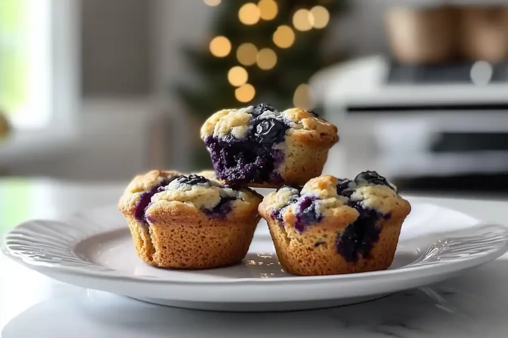 A batch of freshly baked blueberry muffins cooling in a metal muffin tray, with golden tops and vibrant blueberries.