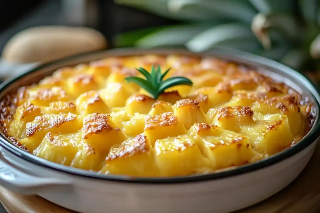 Golden pineapple casserole with caramelized edges in a round white dish, garnished with a fresh green sprig.