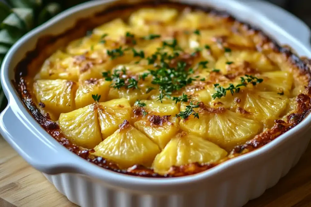 Golden baked pineapple casserole garnished with fresh thyme in a white ceramic dish.