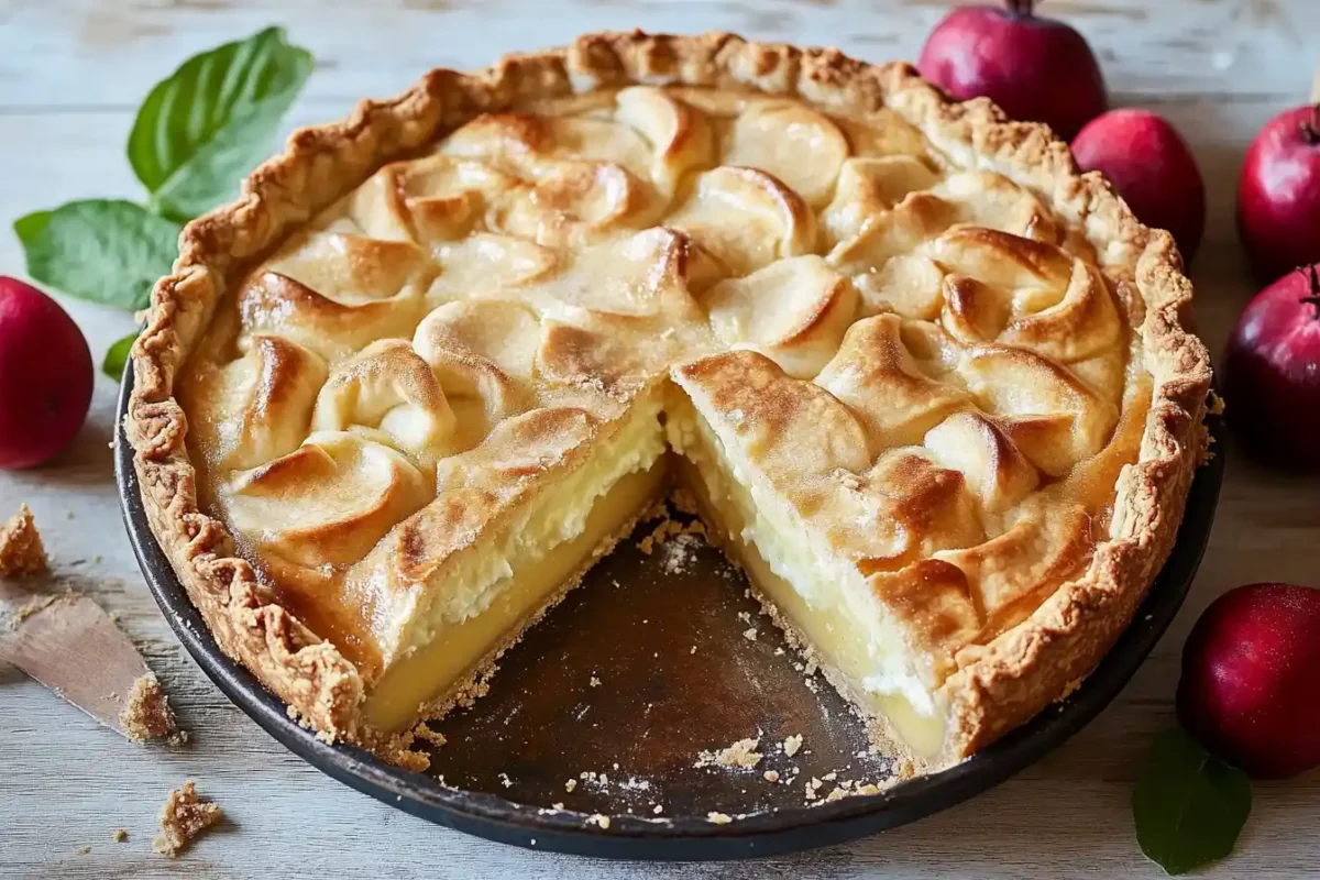 A freshly baked apple pie with a golden crust and a slice removed.