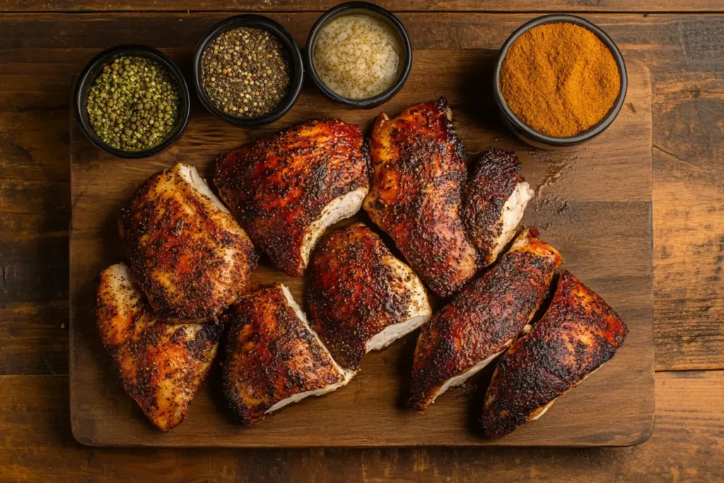 Juicy, perfectly cooked chicken breasts with a smoky, spiced crust arranged on a wooden cutting board, accompanied by small bowls of seasoning.