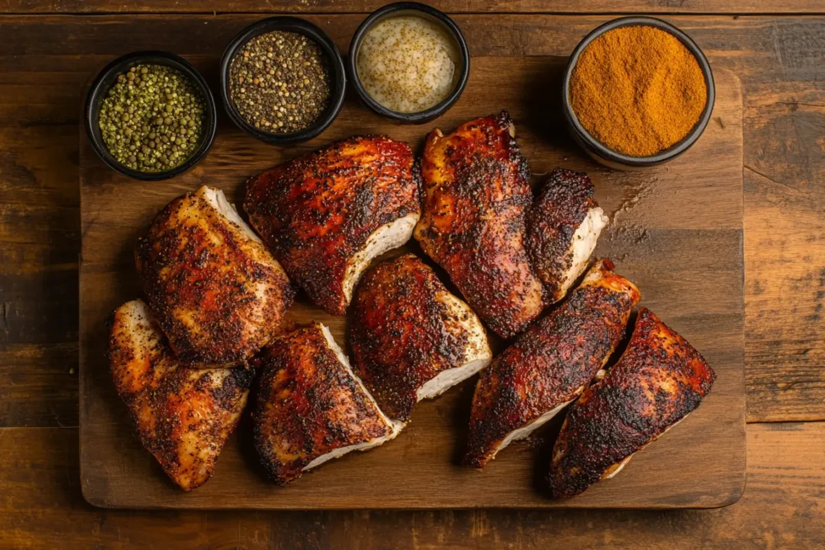 Juicy, perfectly cooked chicken breasts with a smoky, spiced crust arranged on a wooden cutting board, accompanied by small bowls of seasoning.