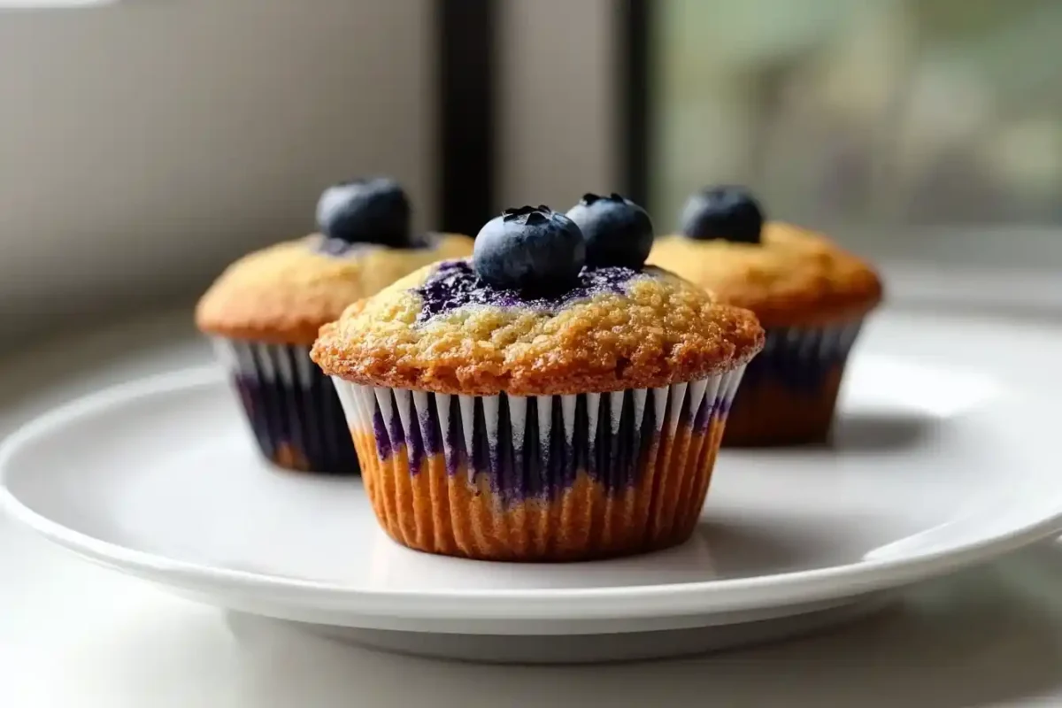 Freshly baked blueberry muffins topped with plump blueberries, presented on a white plate with a soft focus background.