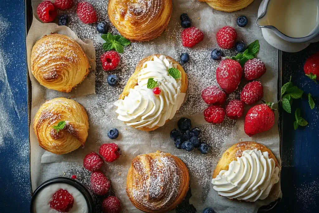 Assorted pastries with whipped cream and fresh berries.