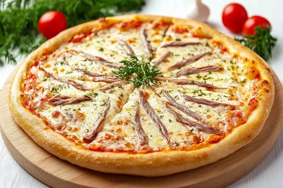 A pizza topped with anchovies, cheese, and herbs on a wooden plate.