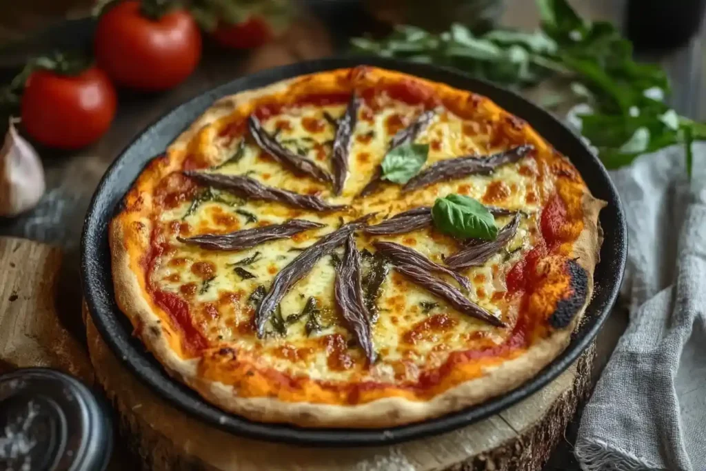 A pizza with anchovies, melted cheese, and fresh basil leaves on a wooden plate.