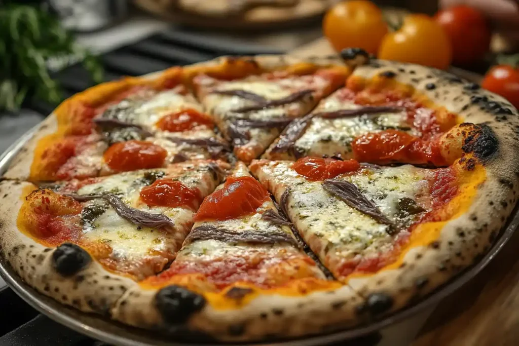 A pizza topped with anchovies, roasted cherry tomatoes, and melted cheese.