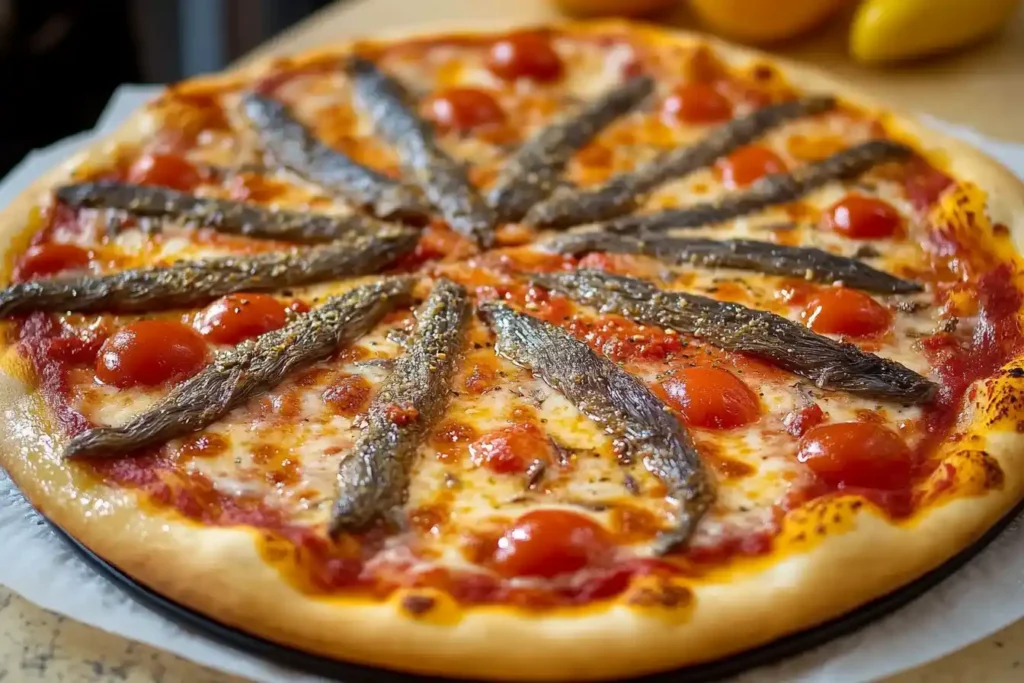 A pizza topped with anchovies and cherry tomatoes.