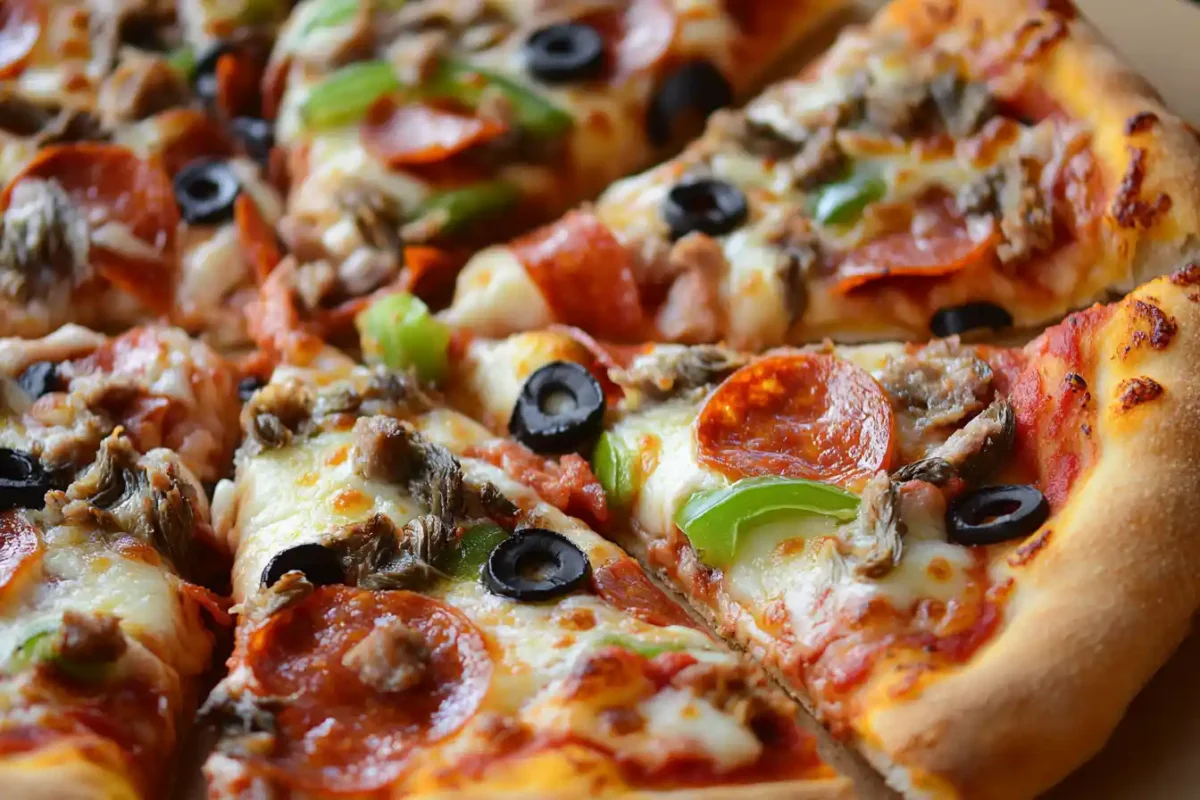 A close-up of a supreme pizza slice with pepperoni, anchovies, black olives, green peppers, and melted cheese.