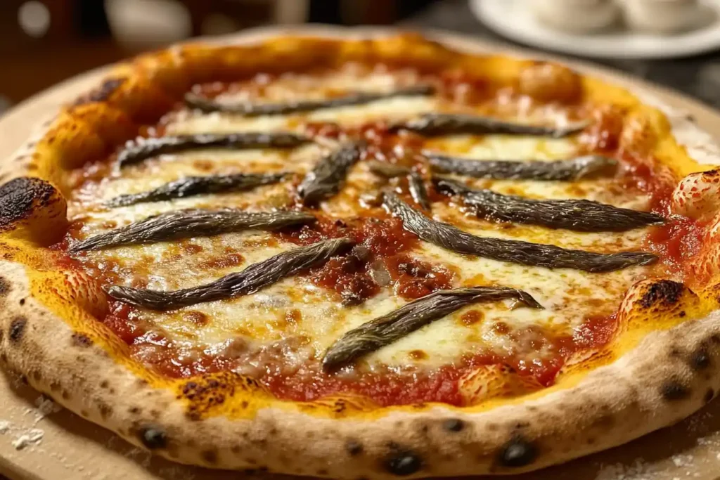 A close-up of a freshly baked pizza topped with anchovies, cheese, and tomato sauce.