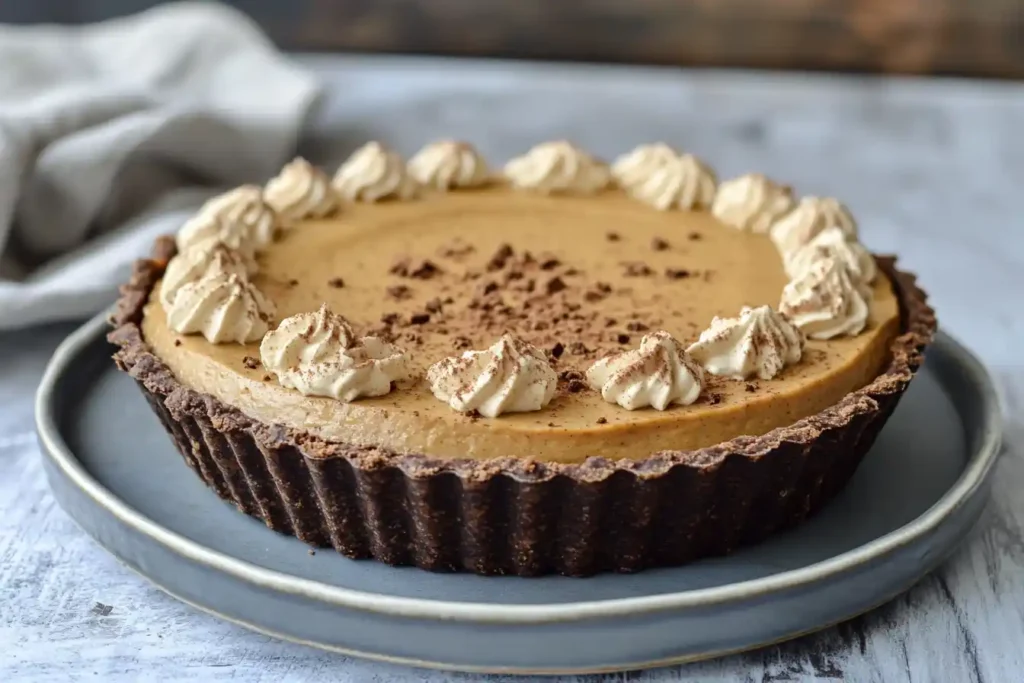 A creamy pumpkin pie with a chocolate crust, topped with whipped cream dollops and dusted with cocoa powder, served on a ceramic plate.