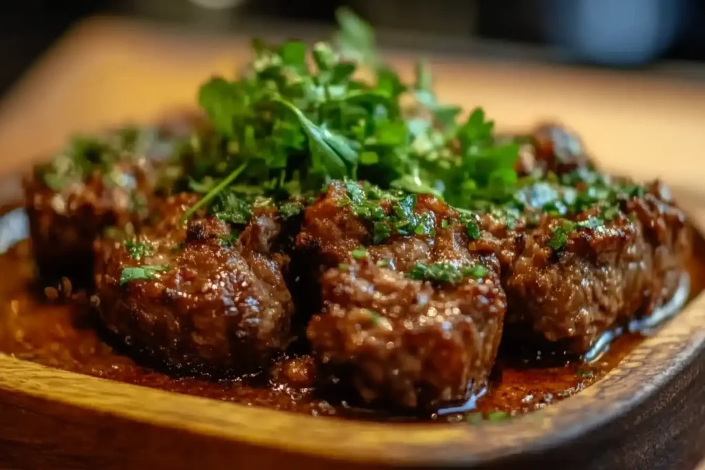 Juicy meatballs topped with fresh parsley on a wooden platter, glistening with sauce.