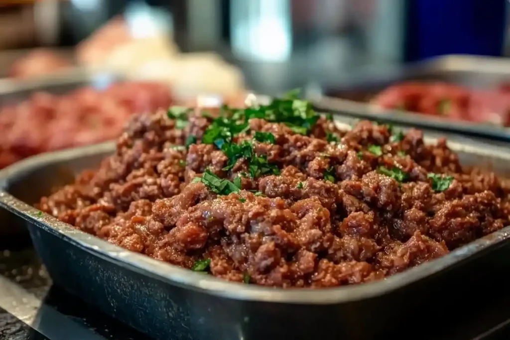 A close-up of a baking tray filled with richly seasoned minced beef, garnished with fresh parsley.