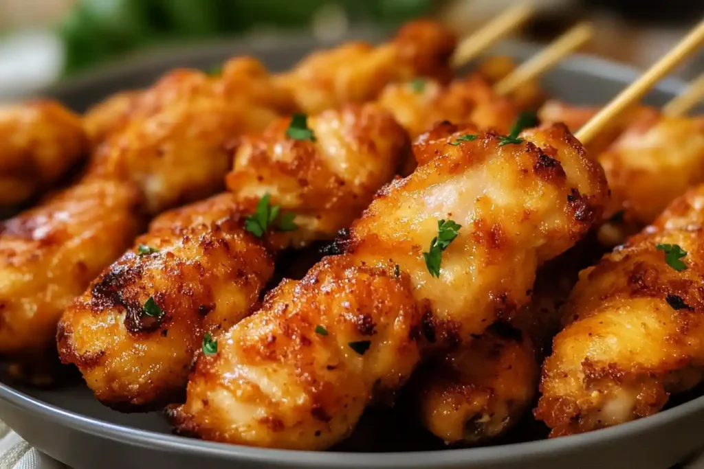 Close-up of golden, juicy grilled chicken skewers garnished with fresh herbs.