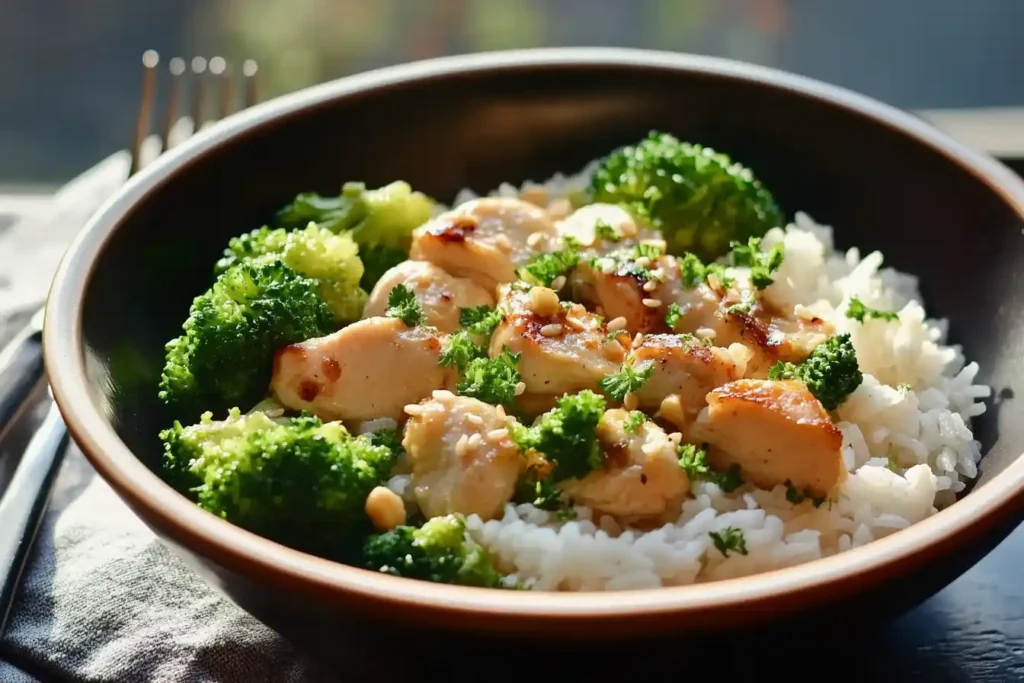 Chicken and broccoli rice bowl garnished with herbs.