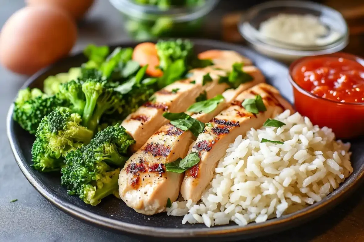 Grilled chicken, broccoli, and rice plate with a side of salsa.