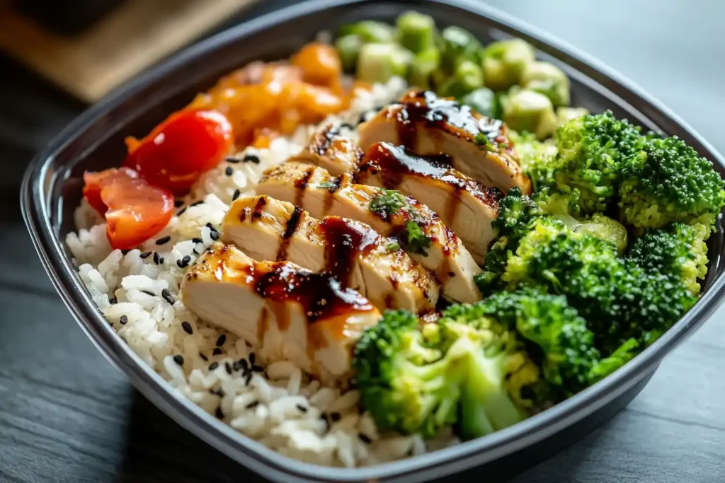 Grilled chicken with rice, broccoli, and tomatoes in a bowl.