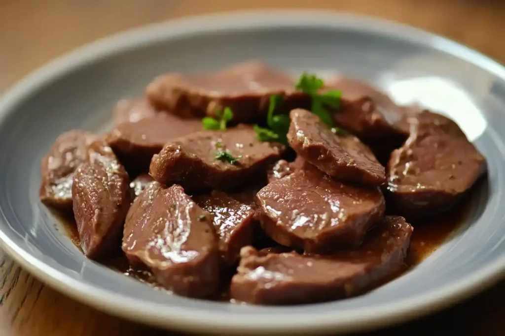 Slices of tender liver served in a rich sauce, garnished with fresh herbs on a gray plate.