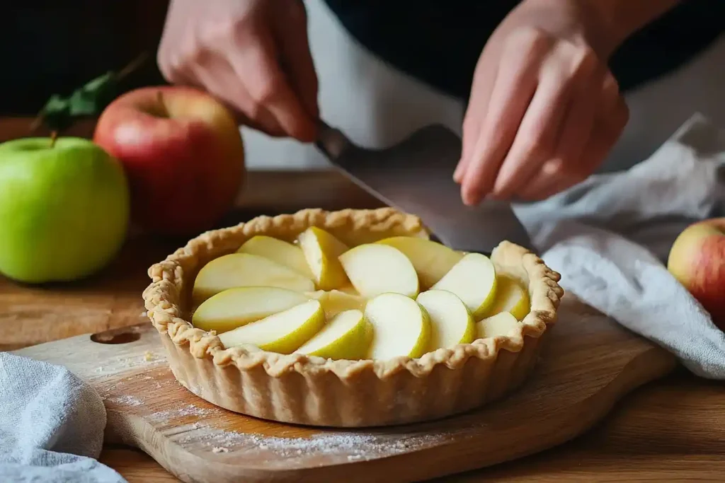 A baker arranging fresh apple slices in an unbaked pie crust on a wooden board.